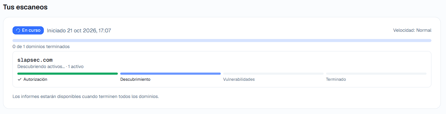Escaneo en curso del dominio slapsec.com, en la fase de descubrimiento